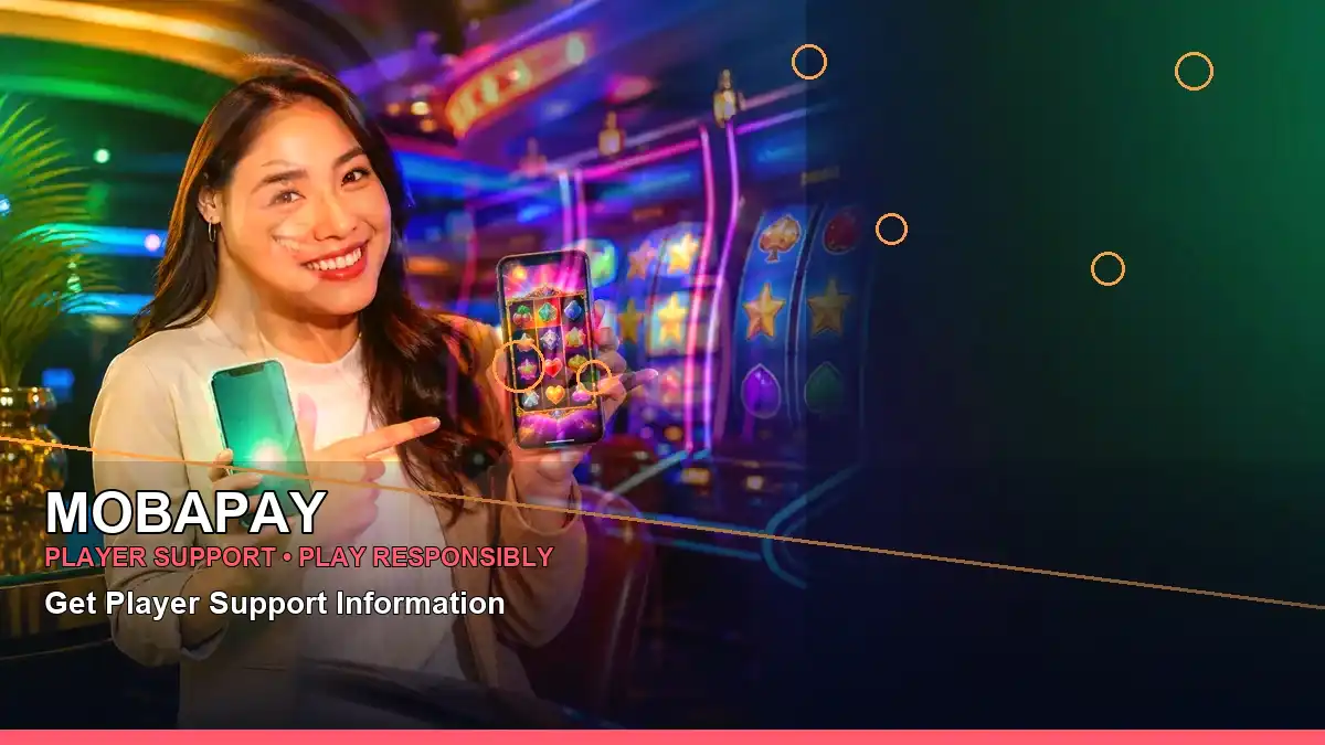 MOBAPAY Megaways-style game artwork featuring an adult Filipina presenter in a mobile gaming setting